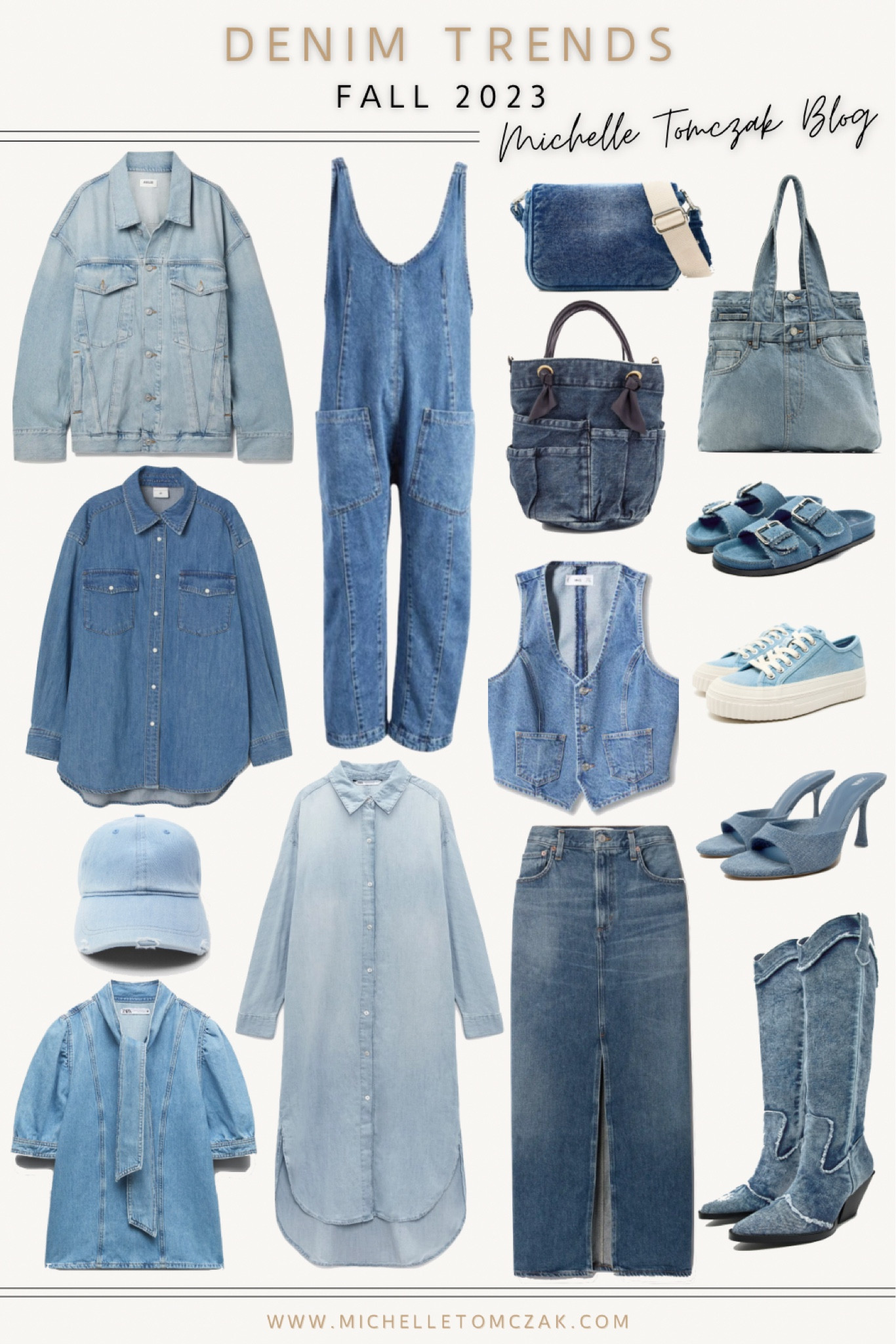 2023 Fall Denim Trends. Michelle Tomczak Blog. 

Oversized denim jacket, denim jumpsuit, denim bucket bag, denim tote, denim crossbody bag, denim shoes, denim boots, denim vest, denim blouse, denim maxi skirt, denim cap, denim dress, denim shirt.

The items not linked are all from Zara  

#LTKstyletip #LTKunder100