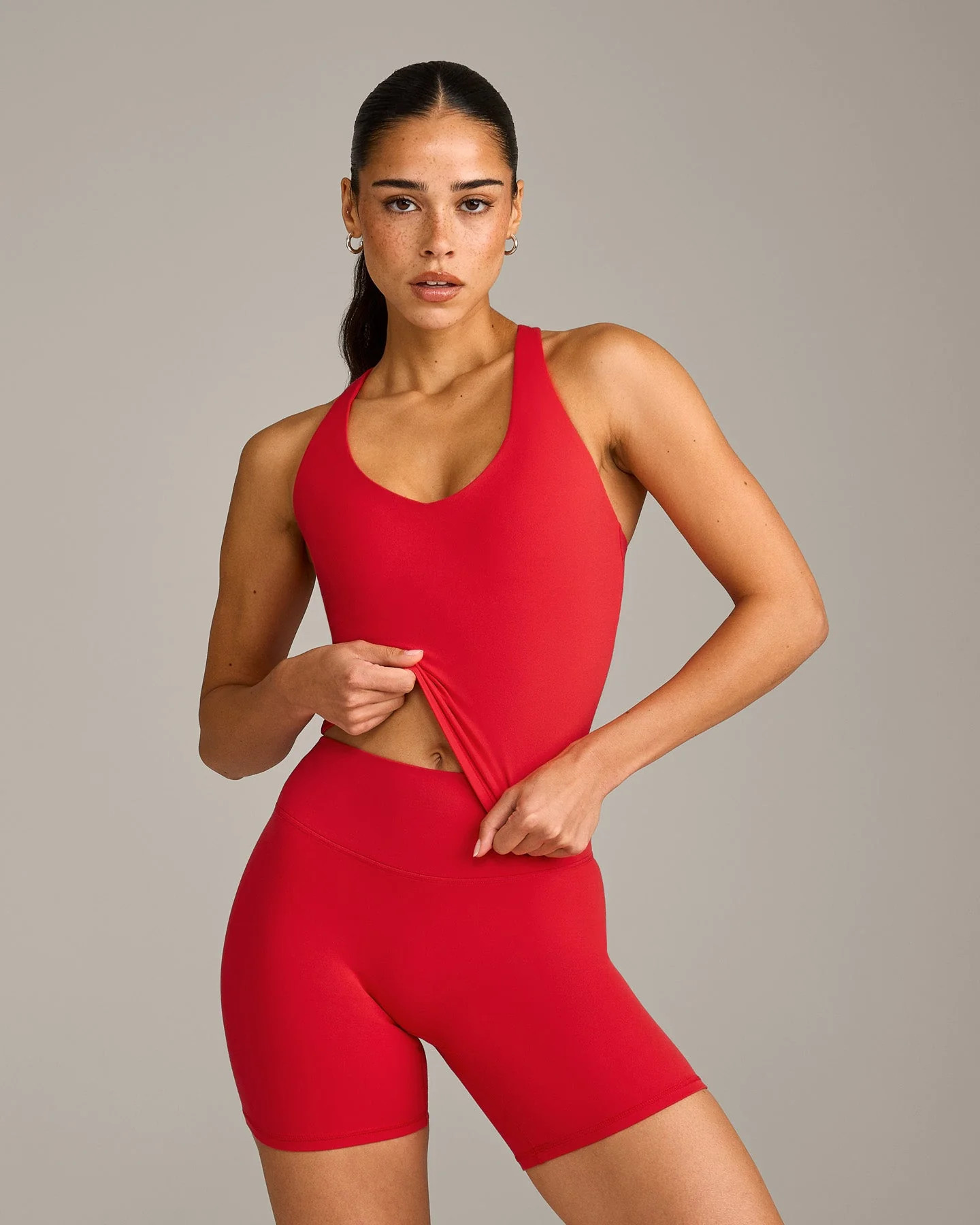 SoftMotion™ Racer Back Mid Vest with Built in Bra Shelf with Grey Logo 
 Fiery Red | Oner Active (UK / US)