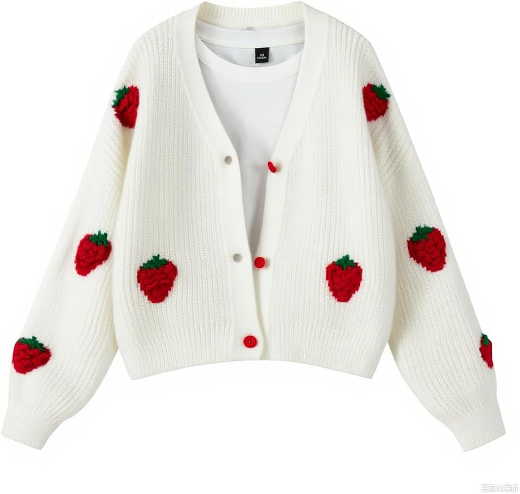 FindThy Women’s Kawaii Strawberry Embroidered Cardigan Long Sleeve V Neck Chunky Knitted Cardig... | Amazon (US)