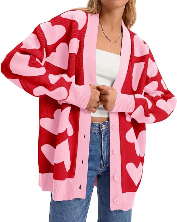 Saodimallsu Womens Heart Cardigan Sweaters Cute Valentines Oversized V Neck Button Up Winter Swea... | Amazon (US)