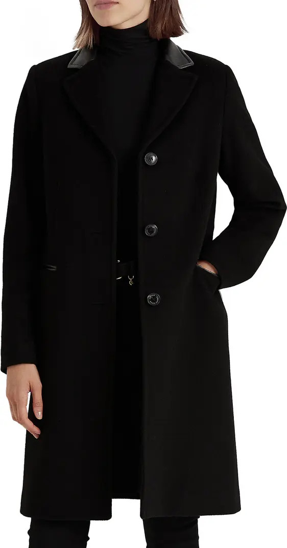 Lauren Ralph Lauren Faux Leather Trim Wool Blend Coat | Nordstrom | Nordstrom