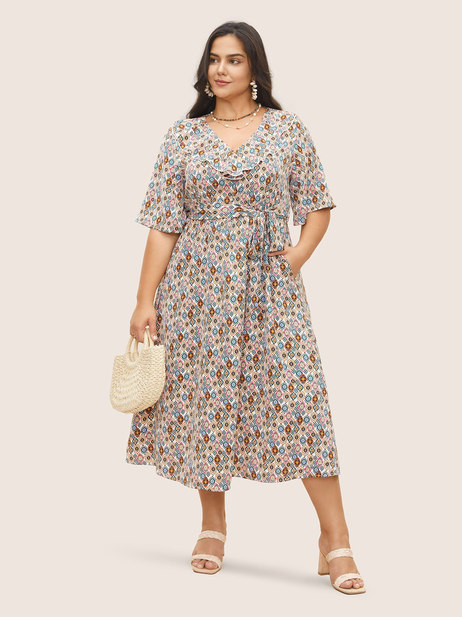 Bandana Geometric Ruffle Trim Belted Dress | Bloomchic