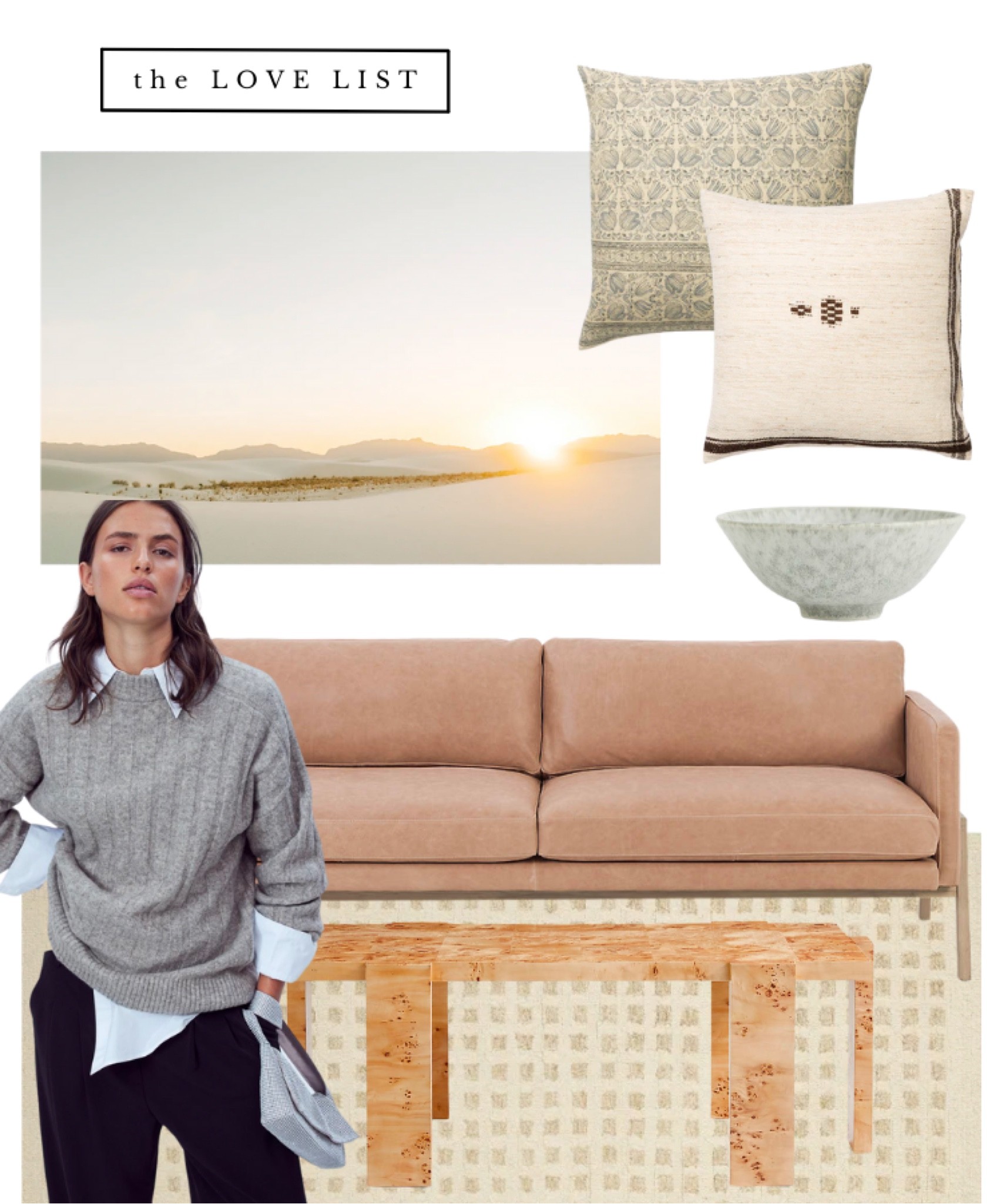 Decorate and dress for early fall in hues of cream, light brown, and soft grey. A leather sofa with wood frame, stoneware bowl, checkered tufted area rug, burl wood coffee table, and neutral pillows in muted tones and cozy textures. The oversized rib knit sweater is perfect for cool weather lounging. 

#LTKunder50 #LTKhome #LTKSeasonal