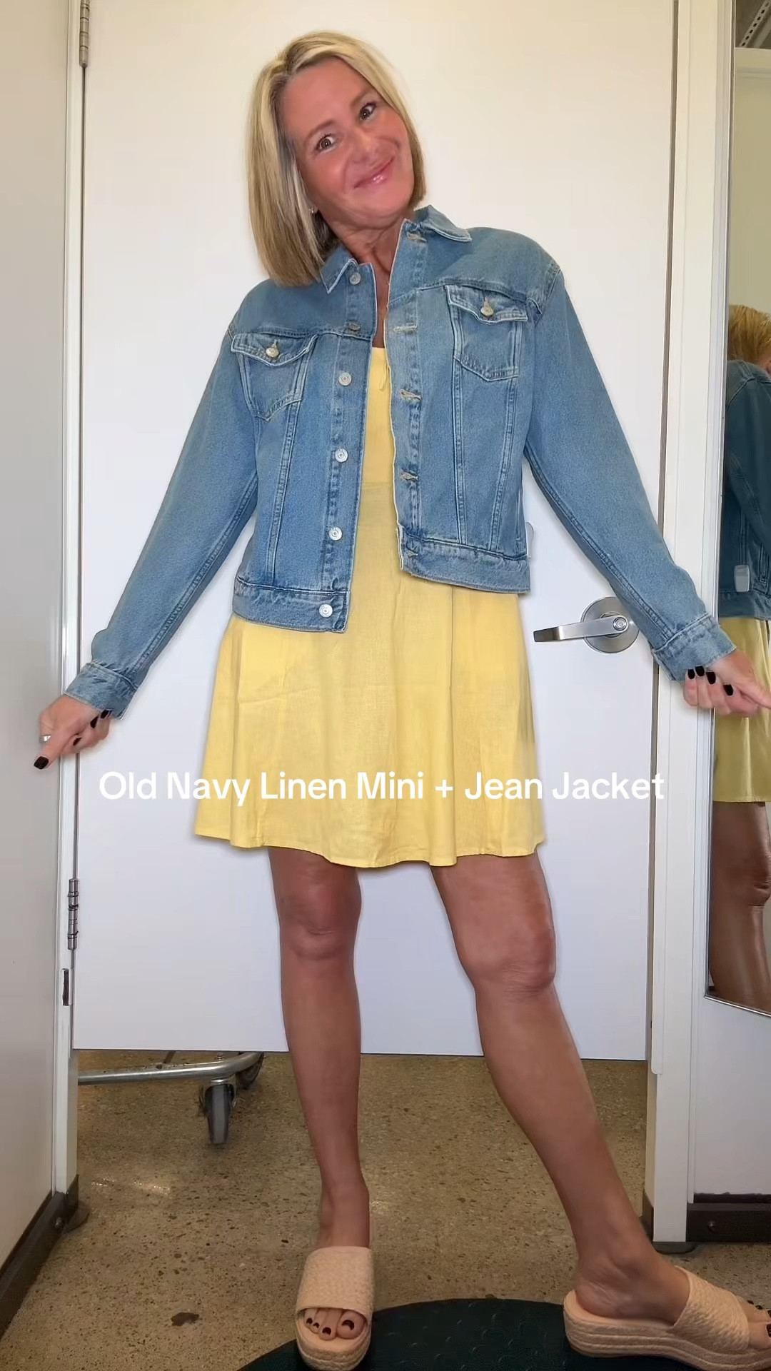Fit & Flare Linen Mini Dress 

Old Navy fit & flare linen mini dress with sweetheart neckline and adjustable straps. Smocked back, seamed waist, flared skirt, mini length. Styled with classic denim jean jacket and platform espadrille sandals. 

Spring and summer outfit idea, date night dress, vacation outfit, graduation dress, brunch outfit, and casual chic look. Easy, affordable women's fashion. 

True to size. I'm wearing a S in the dress, S in the jacket and size 9 sandals. 

#LTKootd #LTKSaleAlert #LTKBeauty