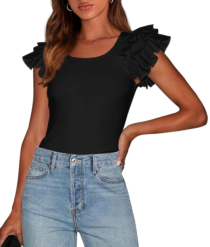 PRETTYGARDEN Women's Ruffle Short Sleeve Shirts 2025 Summer Casual Basic Tee Cute Fitted Crew Nec... | Amazon (US)