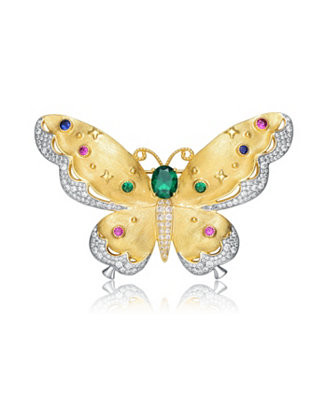 Rhodium and 14K Gold Plated Genuine Stone Floral Pin | Macy's