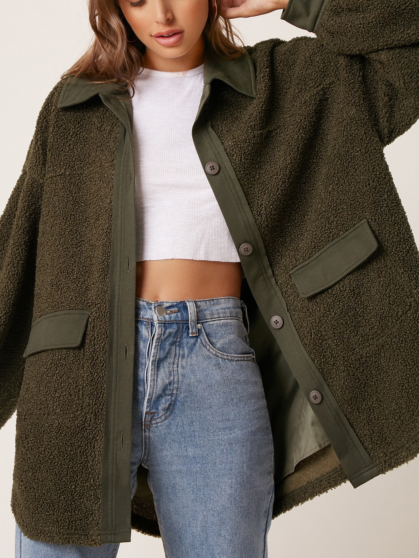 SHEIN Drop Shoulder Flap Detail Curved Hem Teddy Coat | SHEIN