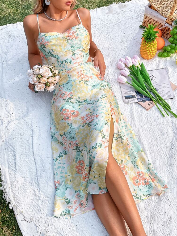 Allover Floral Print Tie Backless Split Thigh Cami Dress | SHEIN