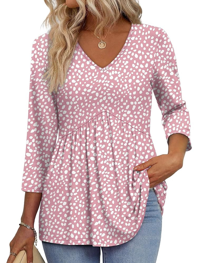 3/4 Length Sleeve Womens Tops 2025 Blouses for Women Dressy Casual Fashion Clothing V Neck Babydo... | Amazon (US)