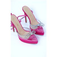 Pink Satin Point Toe Rhinestone Bow Detail High Stiletto Heeled Sandals | PrettyLittleThing UK