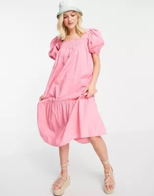 Influence puff sleeve cotton poplin midi dress in pink | ASOS (Global)