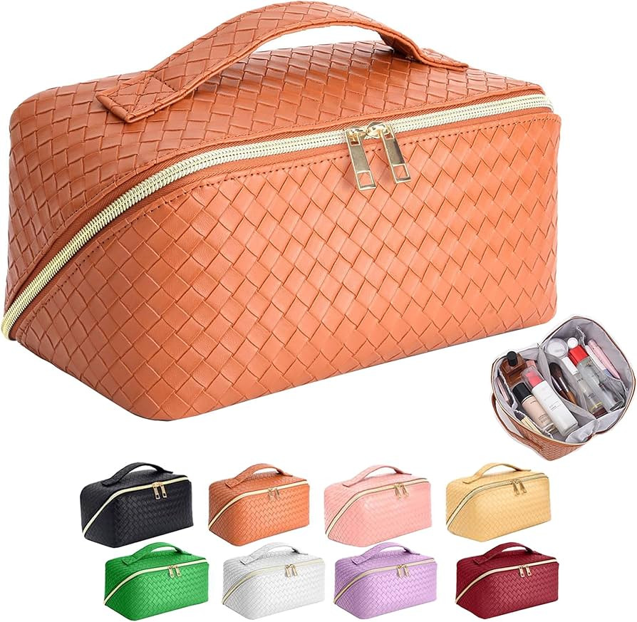 ZAUKNYA Large Capacity Travel Cosmetic Bag - Makeup Bag, Portable Leather Waterproof Women Organi... | Amazon (US)
