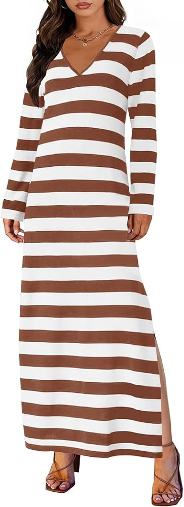 Ferlema Women's Maxi Dress Long Sleeve V Neck Loose Casual A Line Side Slit Fall Party Long Dress... | Amazon (US)