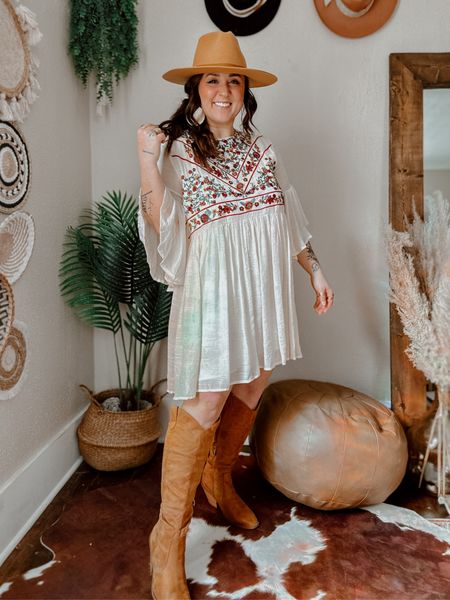 Cute boho dress outfit inspo! Dress chest area is tight and does not stretch so if you have a large chest size up! Tall brown faux suede boots run TTS. Gold boho jewelry