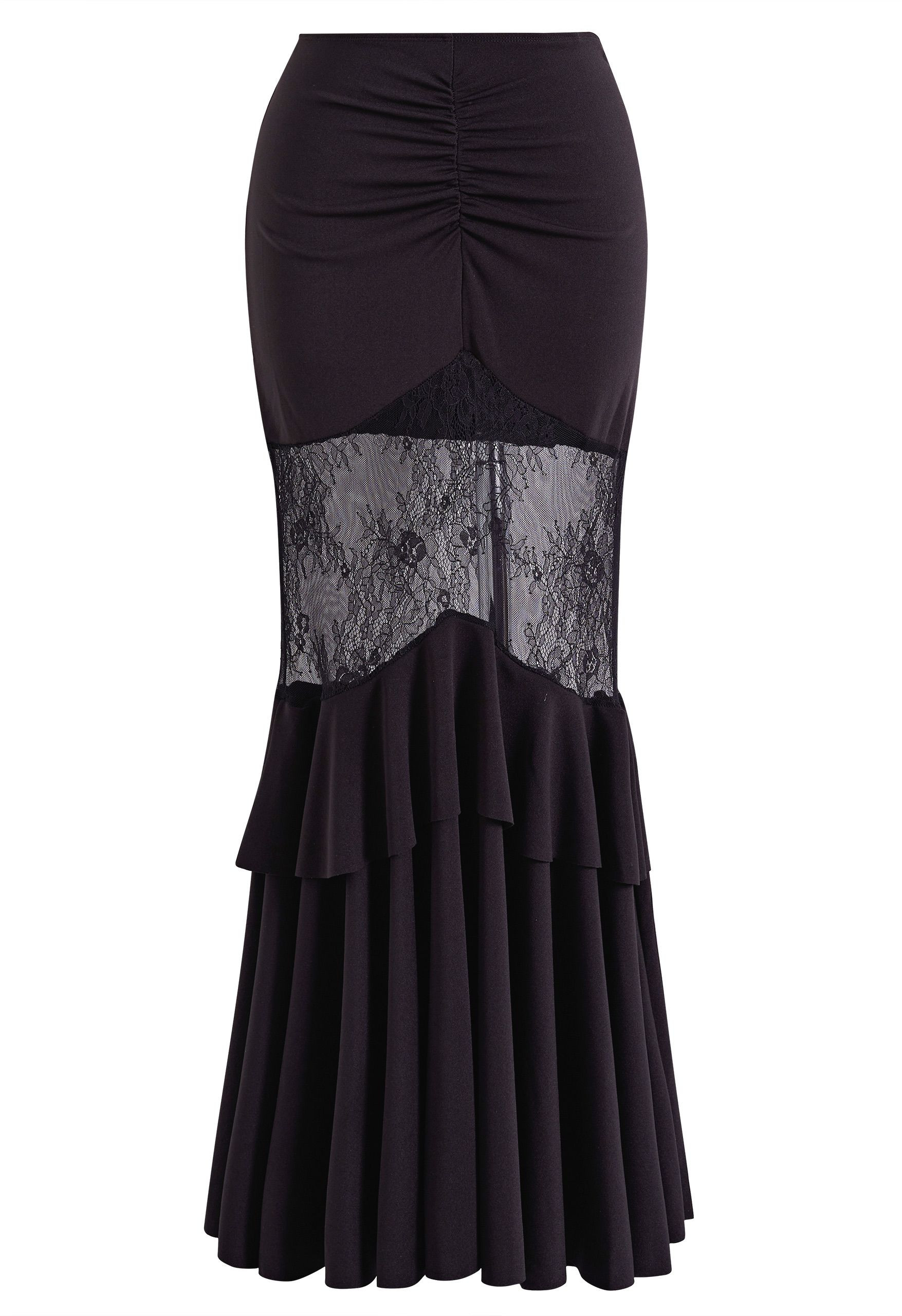 Gothic Lace Panel Ruffle Mermaid Maxi Skirt for Cocktail Dates & Goth Photoshoots | Chicwish