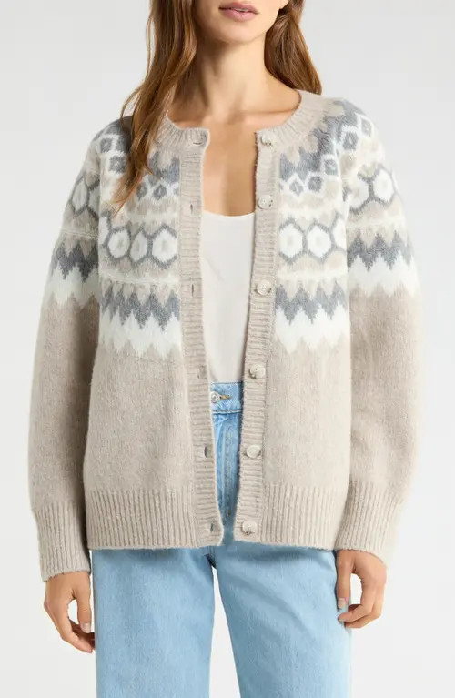 Favorite Daughter The Snowed In Fair Isle Merino Wool & Cashmere Blend Cardigan in Shortbread Beige at Nordstrom, Size Medium | Nordstrom