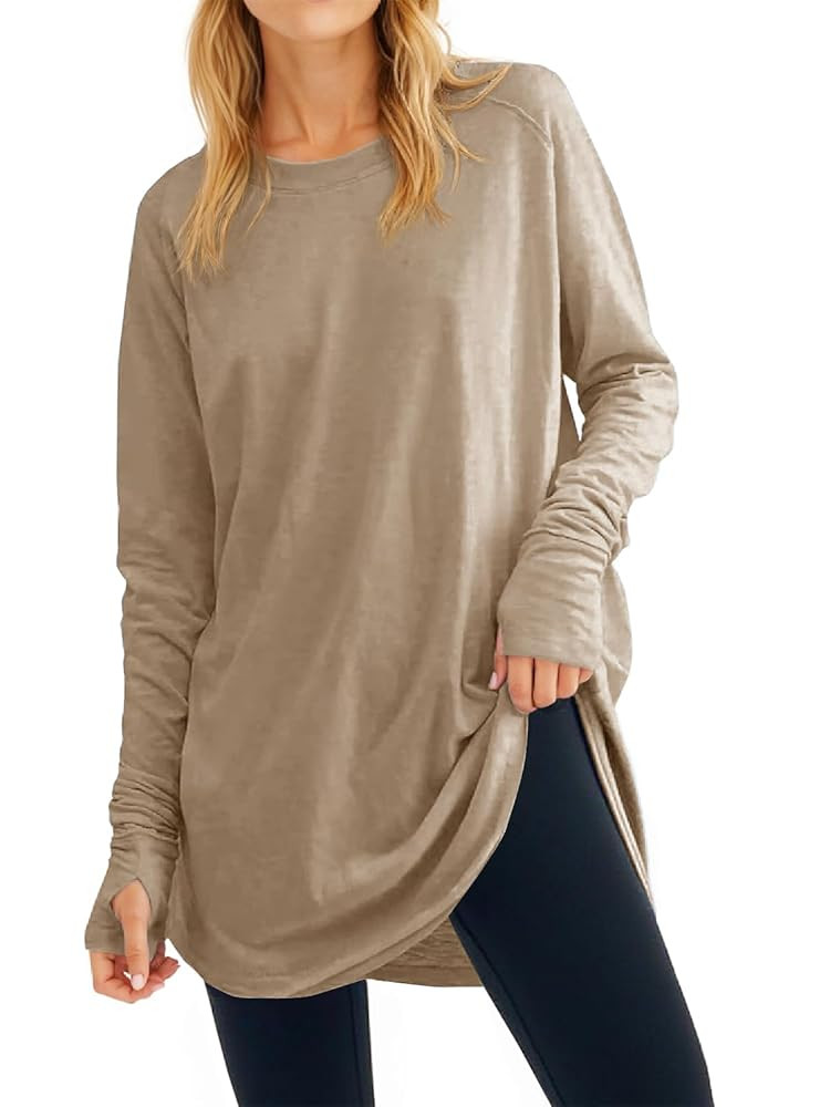 Fisoew Women's Casual Long Sleeve Tops Crew Neck Round Hem Loose T-Shirts Tunic Tops with Thumb H... | Amazon (US)