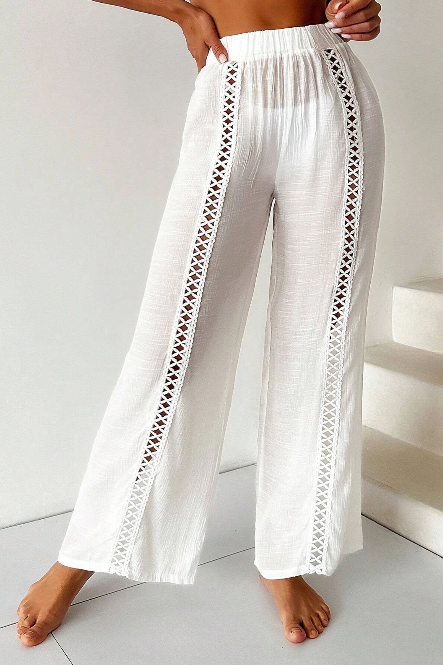 White Crosshatch Cutout Straight Leg Cover-Up Pants | Cupshe US
