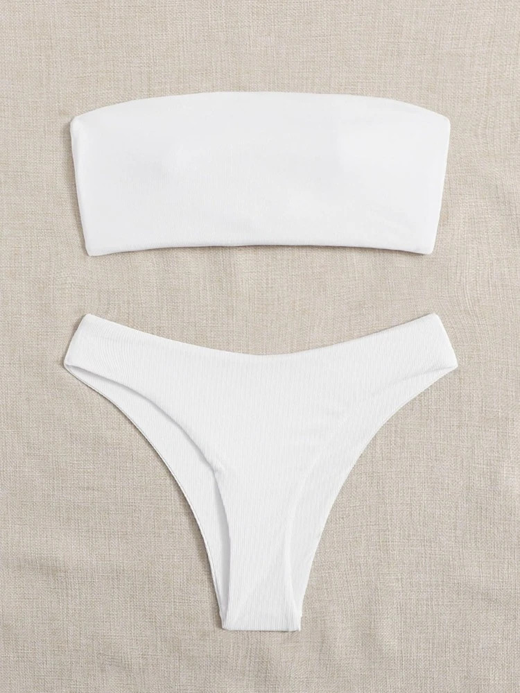 Plain Rib Bandeau Bikini Swimsuit | SHEIN