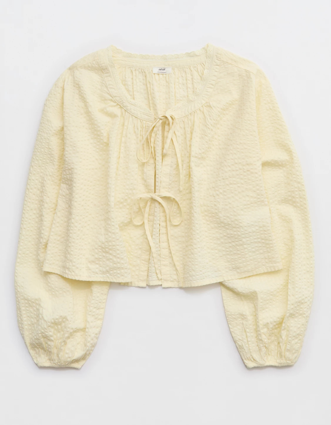 Aerie Seersucker Long Sleeve Volume Tie Top | Aerie