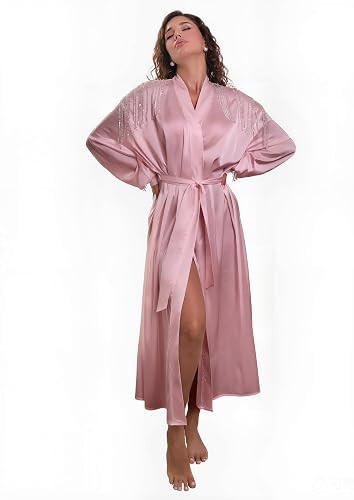 Silky Satin Robe for Women with Crystal Trim Bridesmaid Bridal Lounge Robe Wedding Day Dressing G... | Amazon (US)