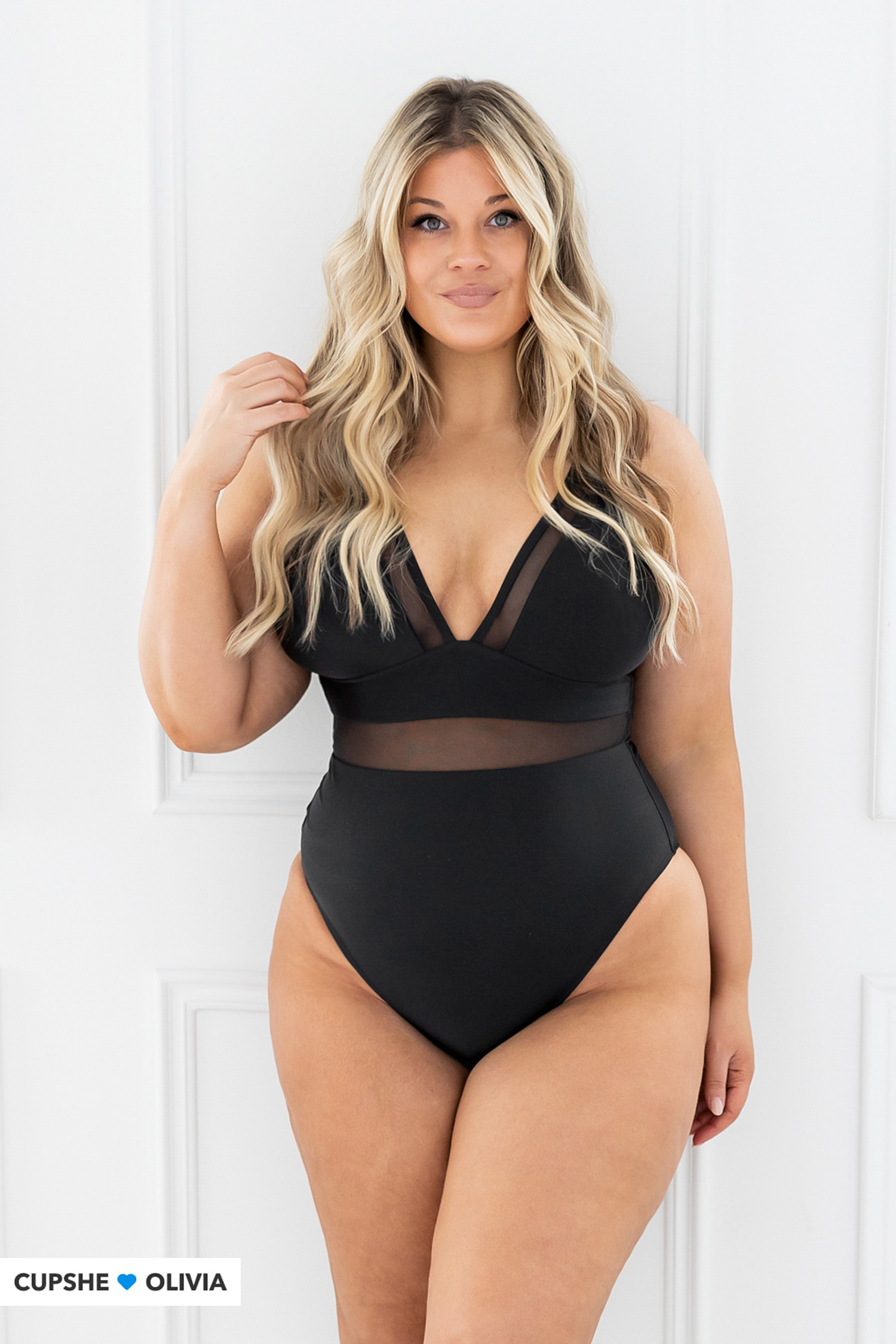 Omniscient Solid Mesh Panel Tummy Control Black Plus Size One Piece | Cupshe US