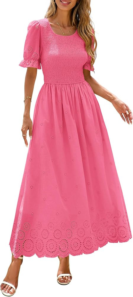 PRETTYGARDEN Women's Maxi Smocked Boho Eyelet Dress Summer | Amazon (US)