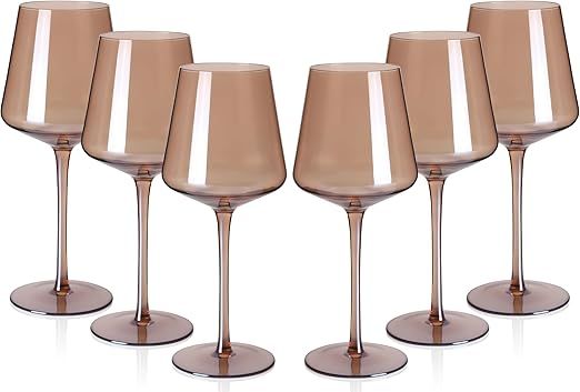 Colored Wine Glasses Set of 6-18oz Smokey Sand Wine Glasses with Tall Long Stems and Flat Bottom,... | Amazon (US)