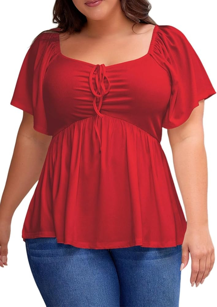 Eytino Womens Plus Size Tops Short Sleeve Sweetheart Neck Shirred Peplum Blouse Shirts(1X-5X) | Amazon (US)