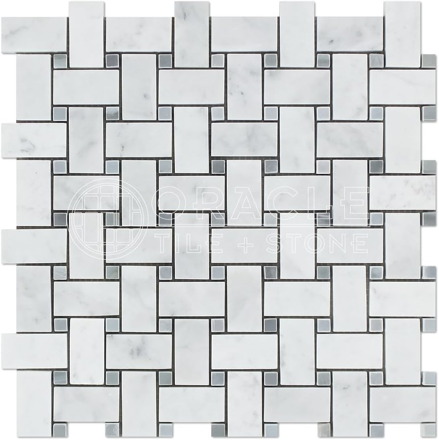 Carrara White Italian (Bianco Carrara) Marble Basketweave Mosaic Tile with Blue & Gray Marble Dot... | Amazon (US)