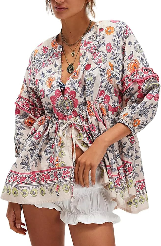 Women Boho Floral Puff Sleeve Peplum Tunic Top Y2K Vintage Button Down Shirt Ruffle Flowy Loose F... | Amazon (US)