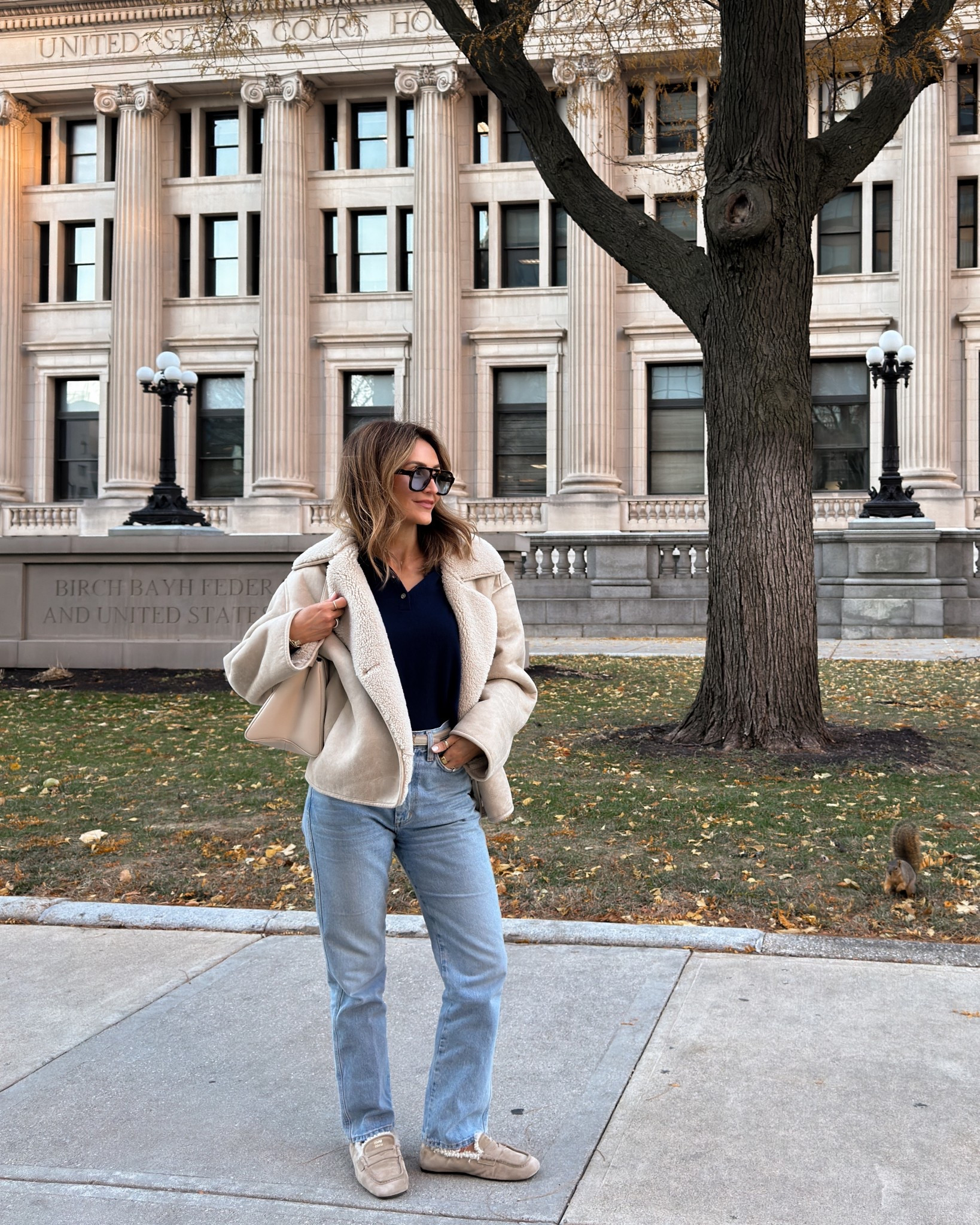 What I’m wearing to the office today! 
My jeans are the 90s pinch waist size 25 and cashmere polo sweater size small 
Shearling miu miu shoes (can’t stop wearing!) and new bag I also can’t stop carrying! Amazon sunnies 

#LTKItBag #LTKootd #LTKShoeCrush