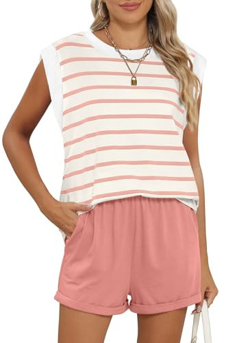 RUBZOOF Lounge Sets for Women Summer Casual Loungewear Two Piece Outfits Short Sets Striped Cap Sleeve Top Shorts Pink Stripe S | Amazon (US)