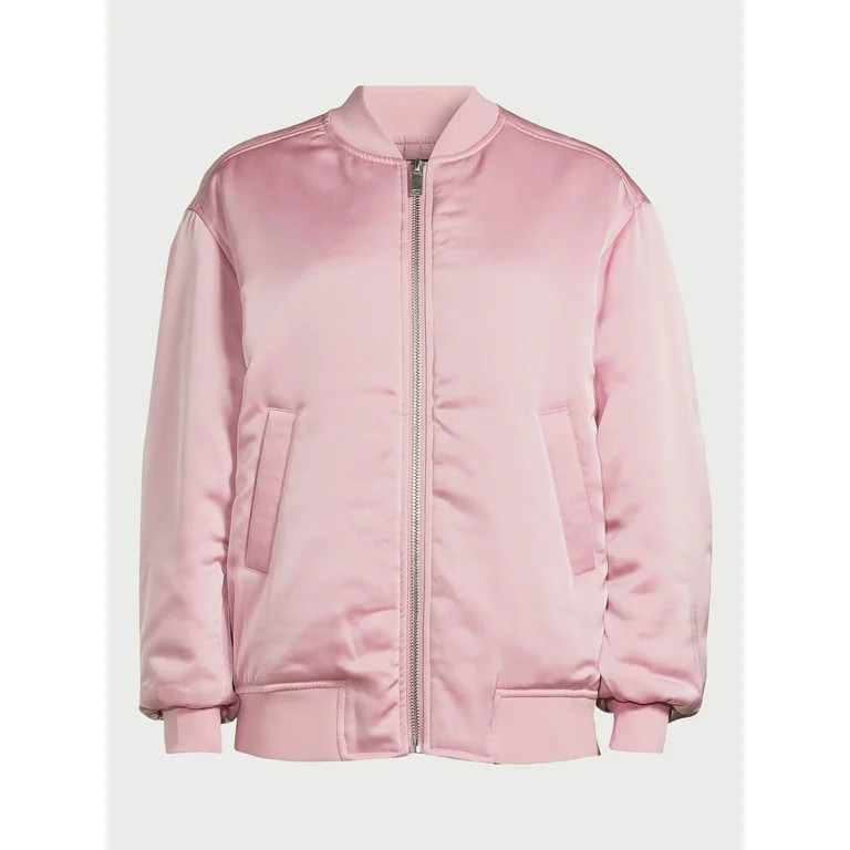 Scoop Women's Oversized Satin Bomber Jacket with Rouched Sleeves, Sizes XS-XXL | Walmart (US)