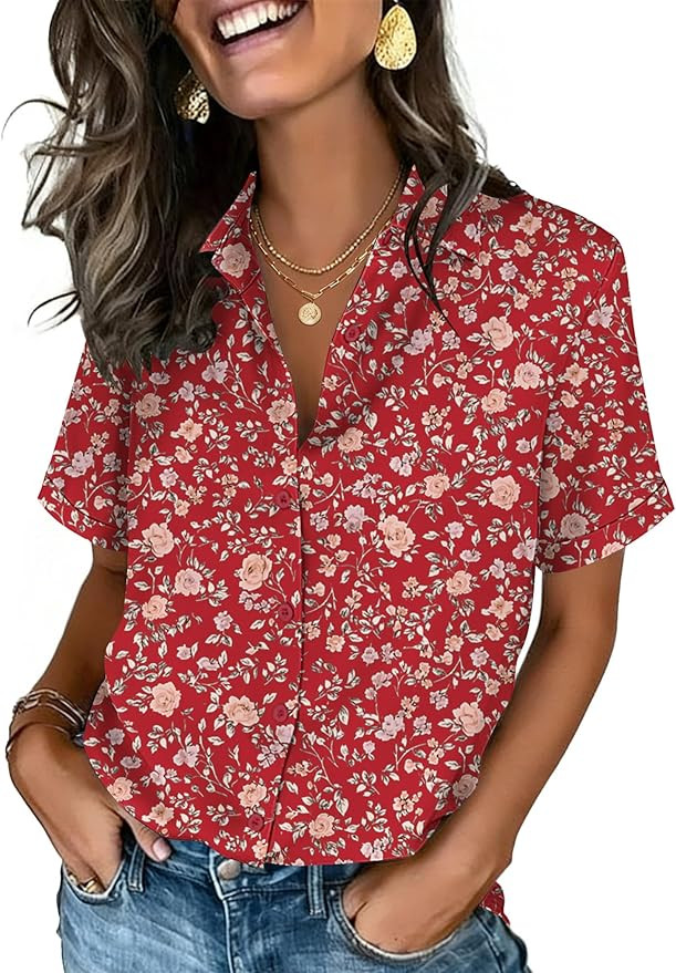 Zeagoo Button Down Shirts for Women Short Sleeve Collared Tops Dressy Casual V Neck Blouses | Amazon (US)