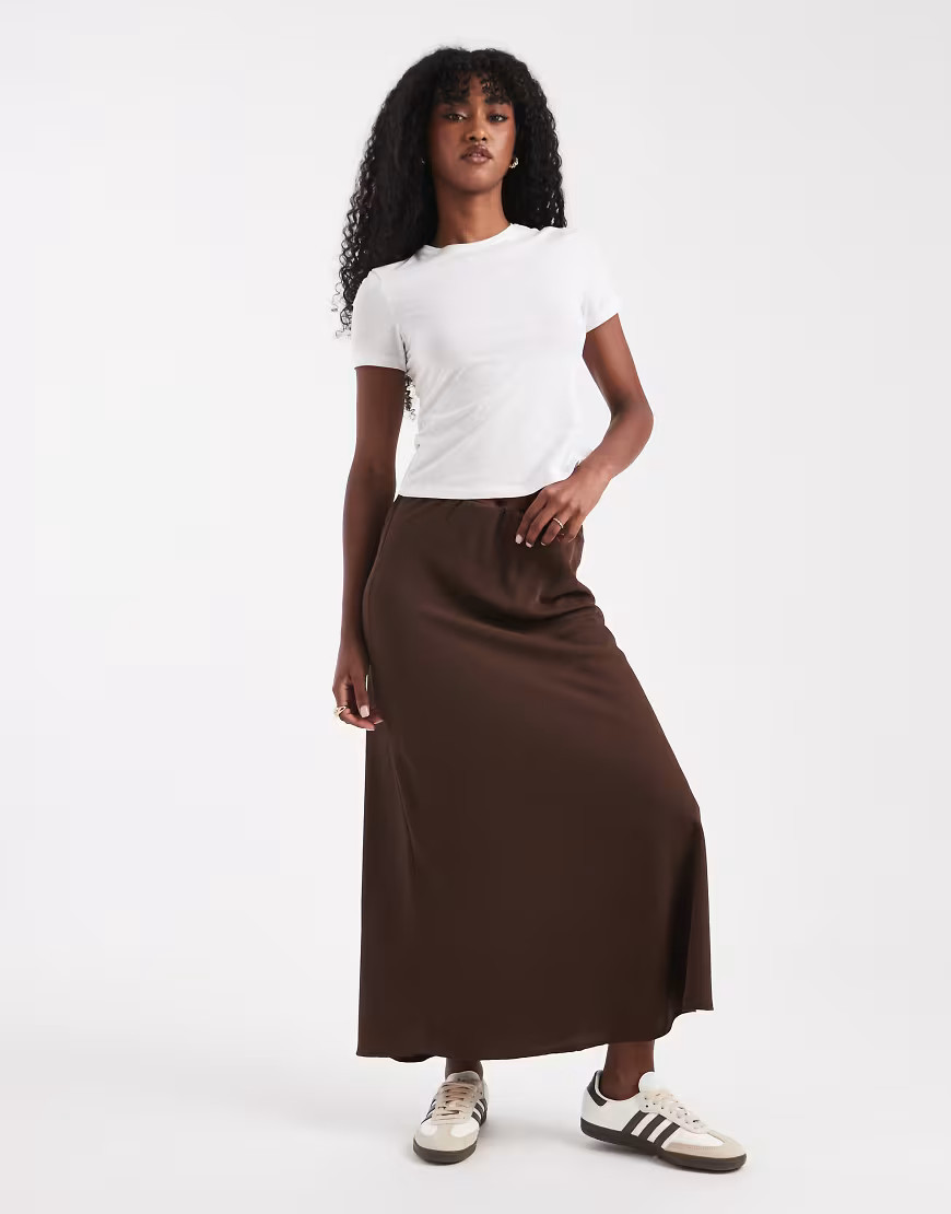 Pieces matte satin midi skirt in chocolate brown | ASOS (Global)