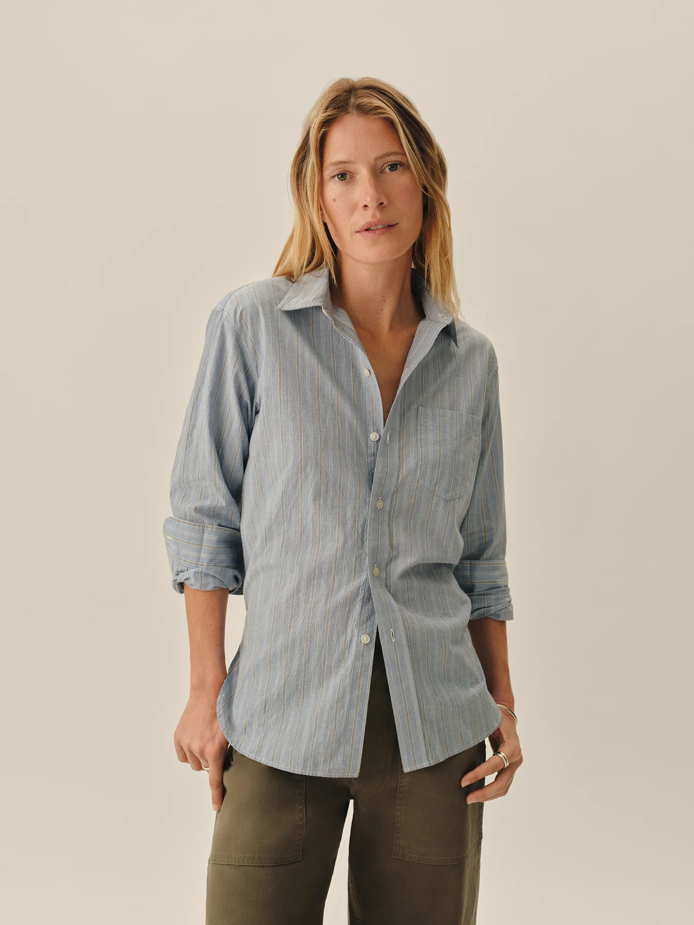 Blue / Ochre Fleetwood Stripe Mainstay Cotton Shirt - Buck Mason- Modern American Classics | Buck Mason