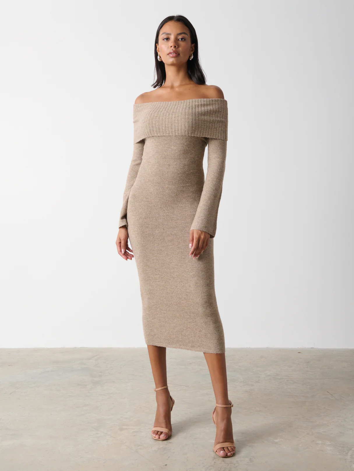 Soreya Bardot Soft Knit Dress - Brown Marl | Pretty Lavish (UK)