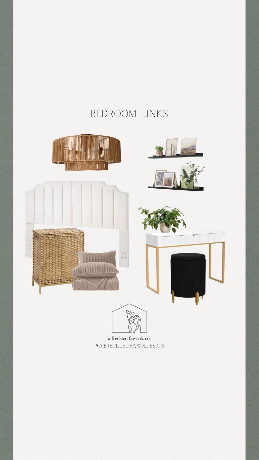 Bedroom links, Fandelier, picture ledge wall shelves, upholstered headboard, laundry basket, velvet bedding, vanity, ottoman, faux plant

#LTKFindsUnder100 #LTKHome