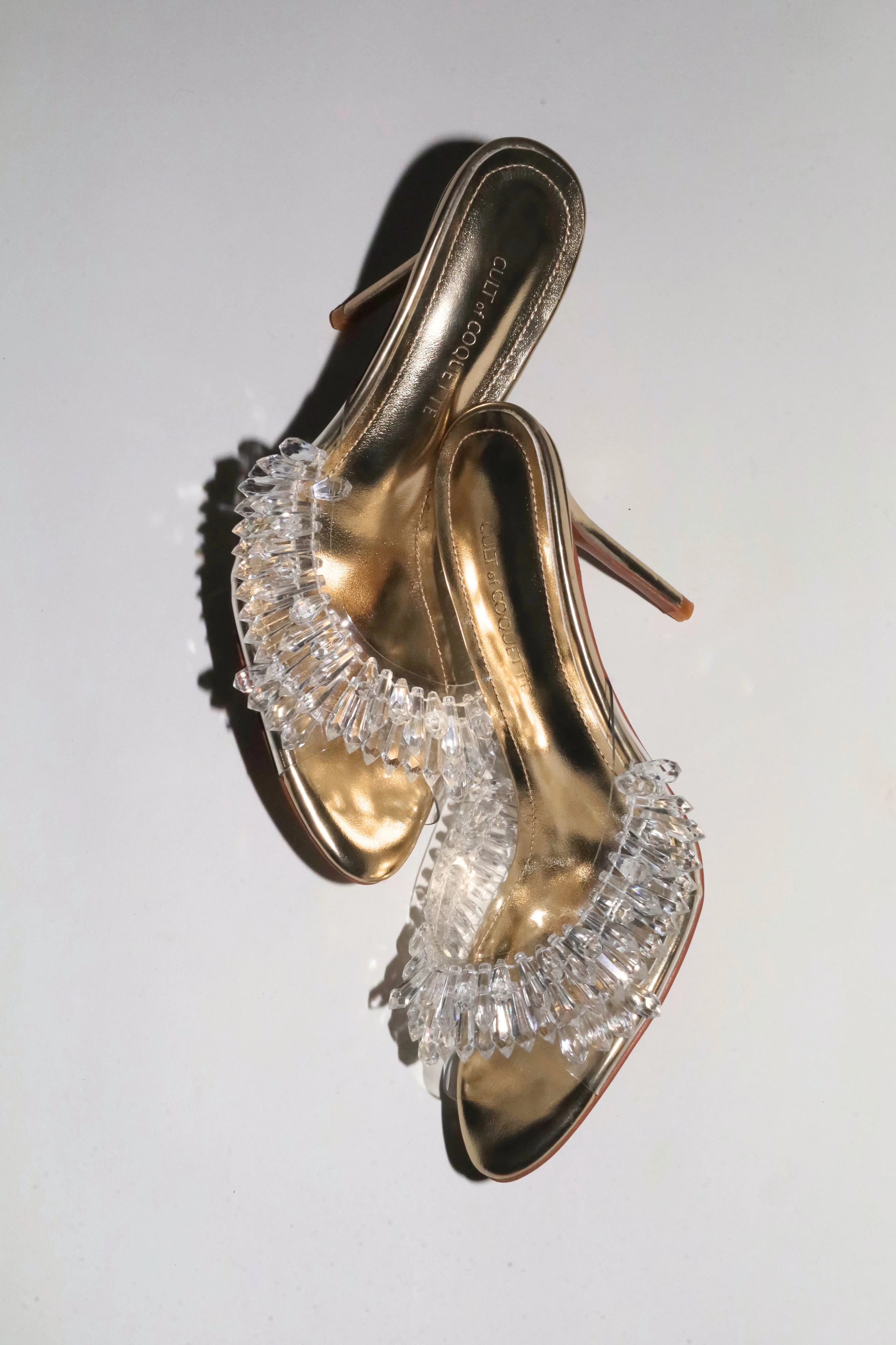 Goldie White Gold Clear Drip Chandelier Open Toe Mules 100 mm | CULT OF COQUETTE