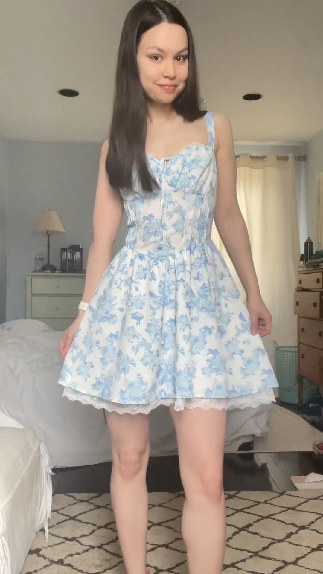 SHEIN Mod Women’s Blue & White Print Lace Trim Cami Strap Mini Dress with Corset Back
Blue & White / US 2 (XS)

Measurements: 5’5, 105lbs, 30-24-34

#LTKspring #LTKsummer #LTKdresses