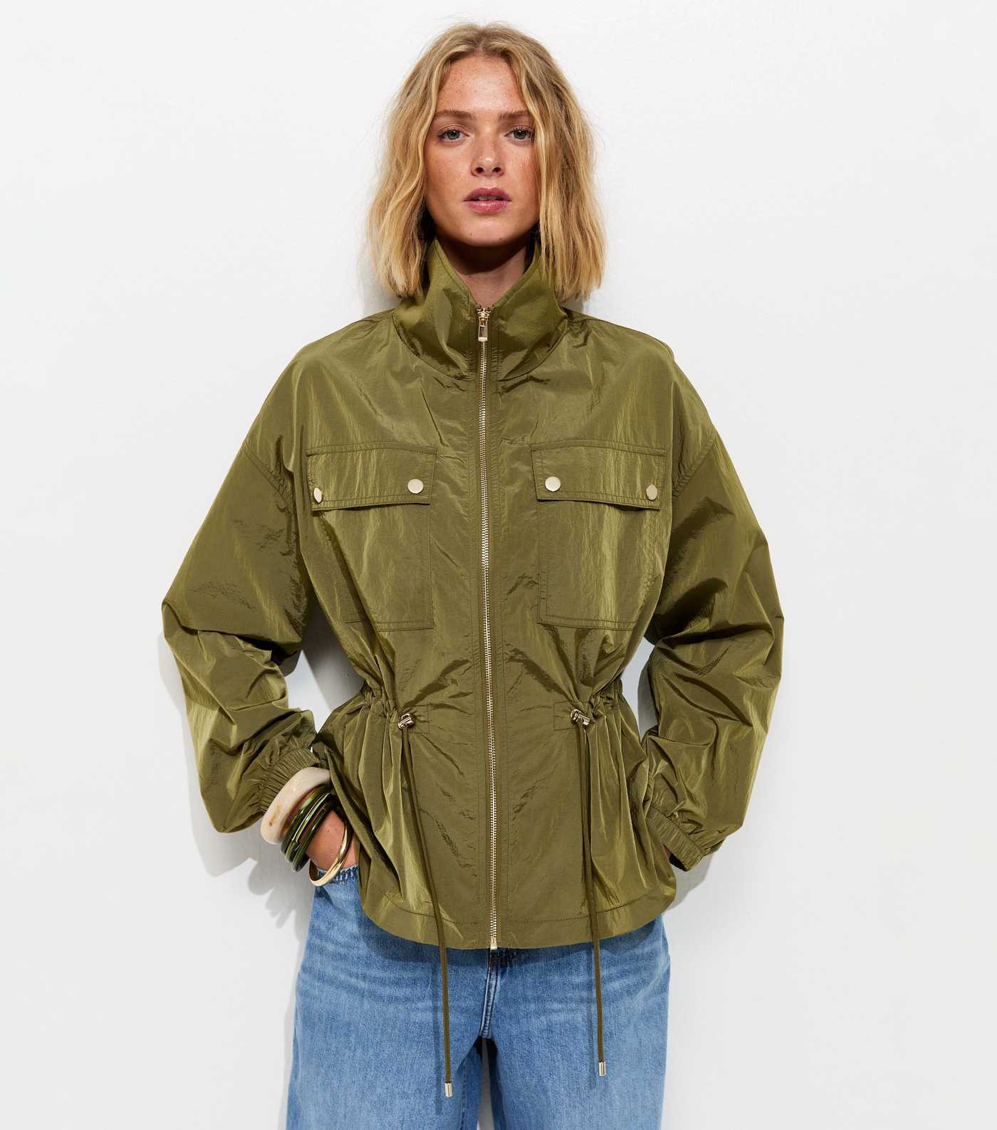 Khaki Zip Through Sinched Waist Utility Jacket | New Look | New Look (UK)