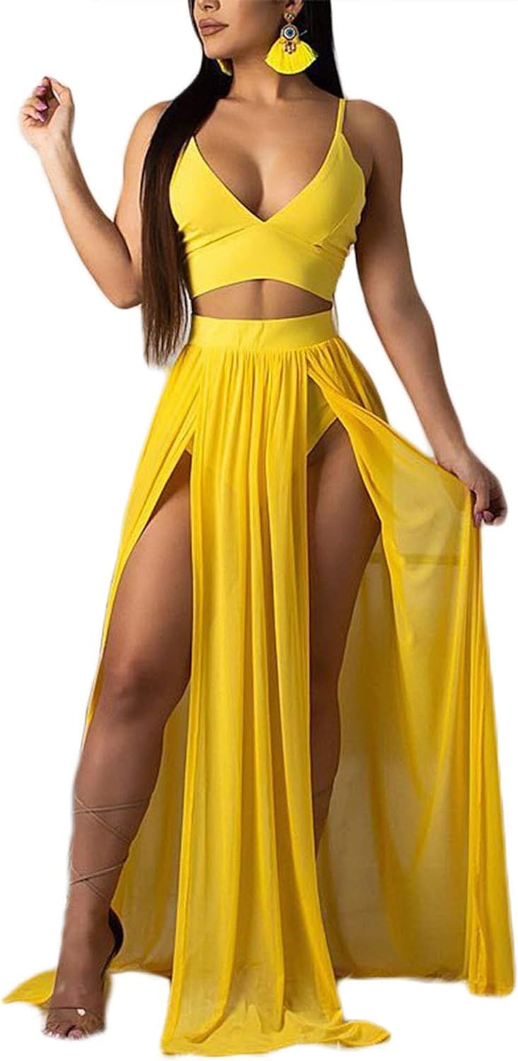 Women Sexy 2 Piece Outfits Dress Chiffon Strap Deep V Neck Bra Crop Top High Split Maxi Dresses S... | Amazon (US)
