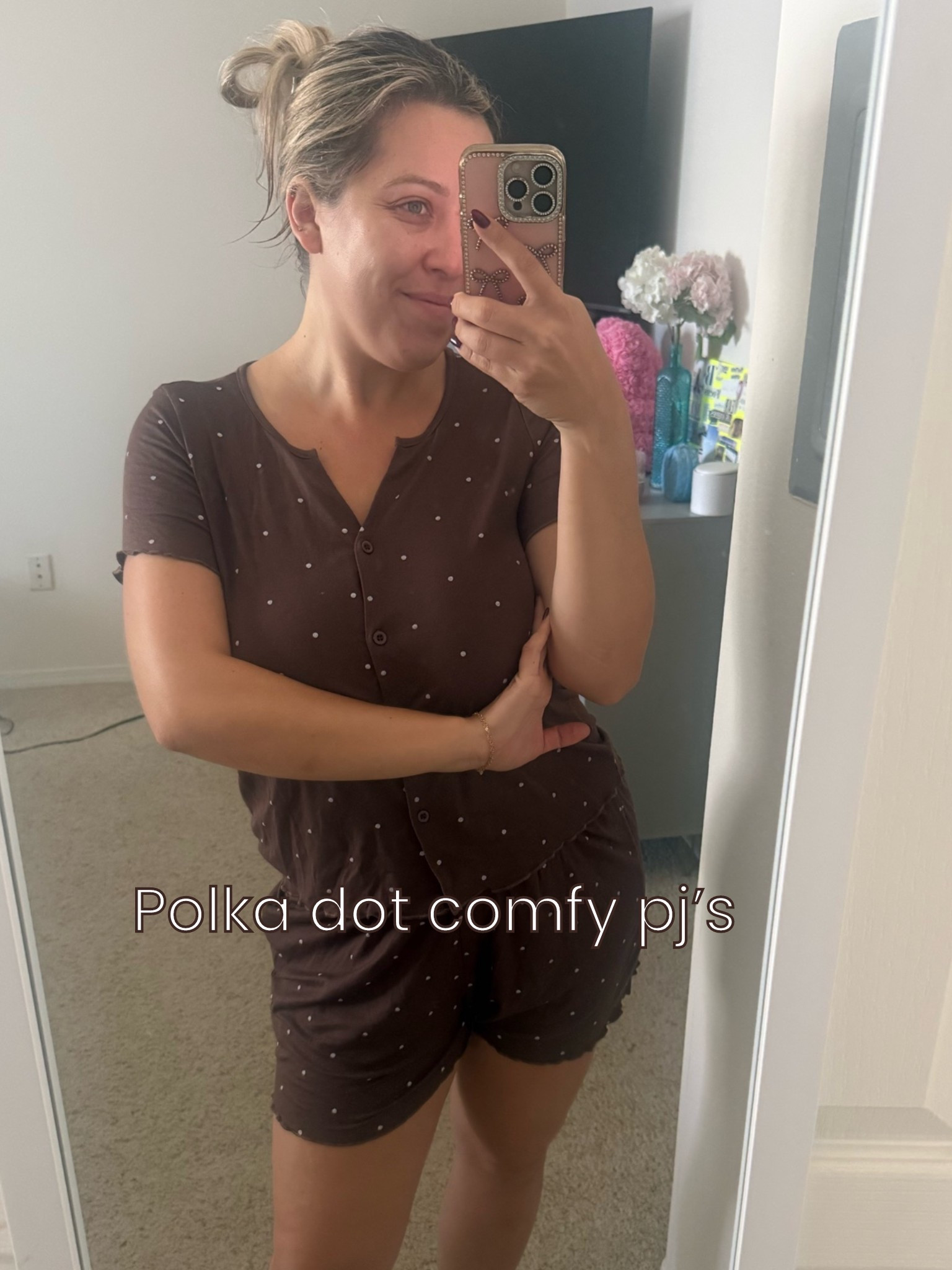 Polka dot pajamas
Matching set
Comfy pajamas
Brown polka dot
Button down top pajamas

#ltkgrwm #ltkootd