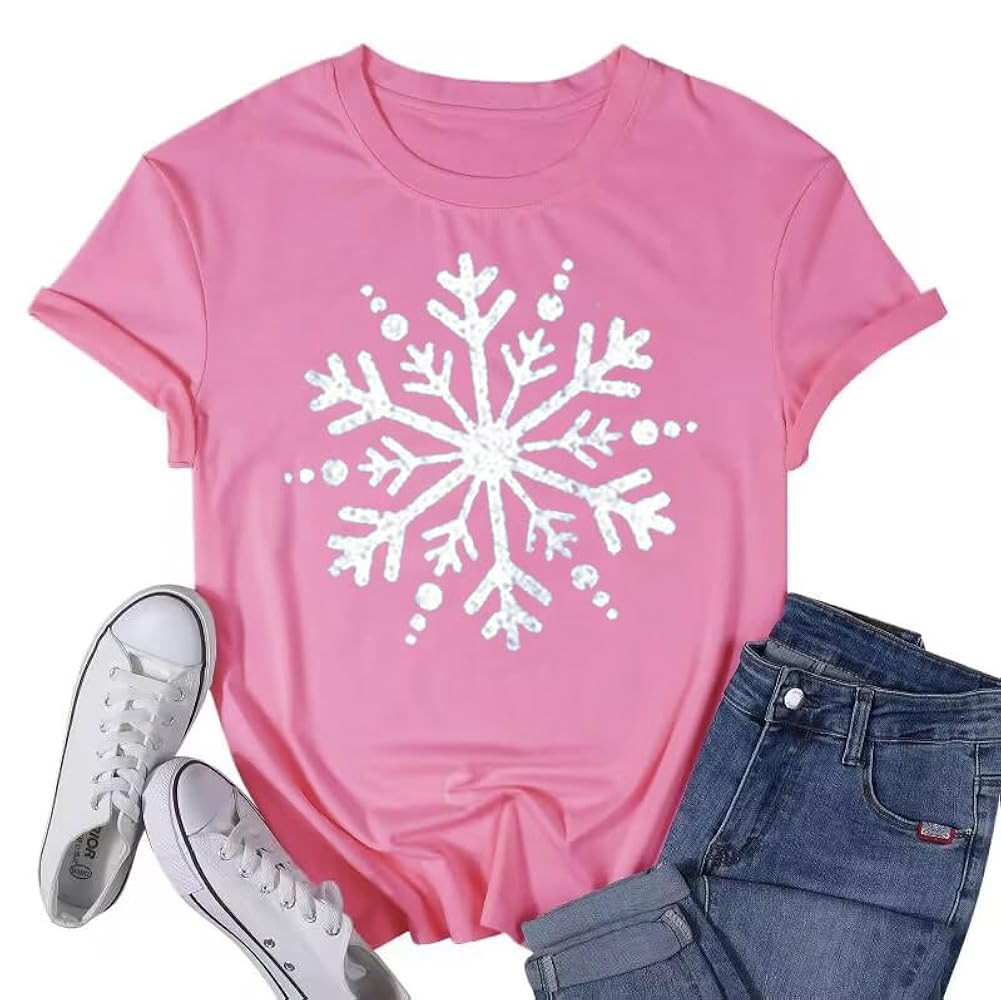 Christmas Shirts for Women Cute Snowflake Graphic Shirts Short Sleeve Funny Print Tee | Amazon (US)