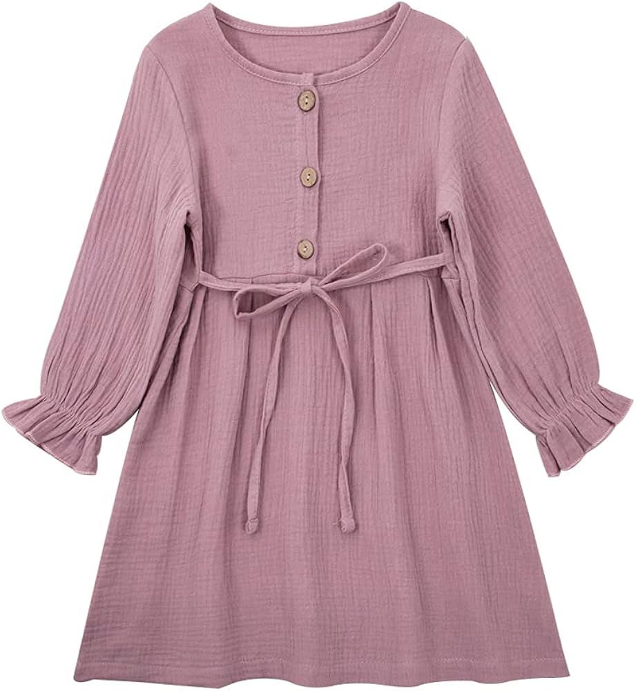 GLIGLITTR Toddler Baby Girl Cotton Linen Dress Long Sleeve Crew Neck Dresses Button Down Dresses Cas | Amazon (US)