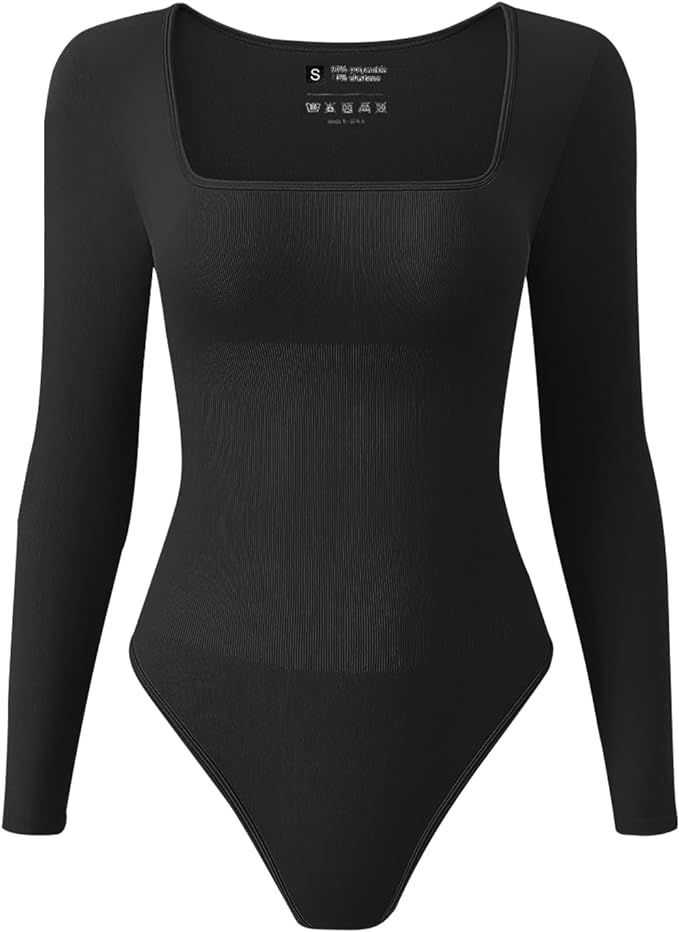 TDIFFUN Womens Long Sleeve Bodysuits Shapewear Sexy Ribbed Square Neck Tops Tummy Control Body Sh... | Amazon (US)