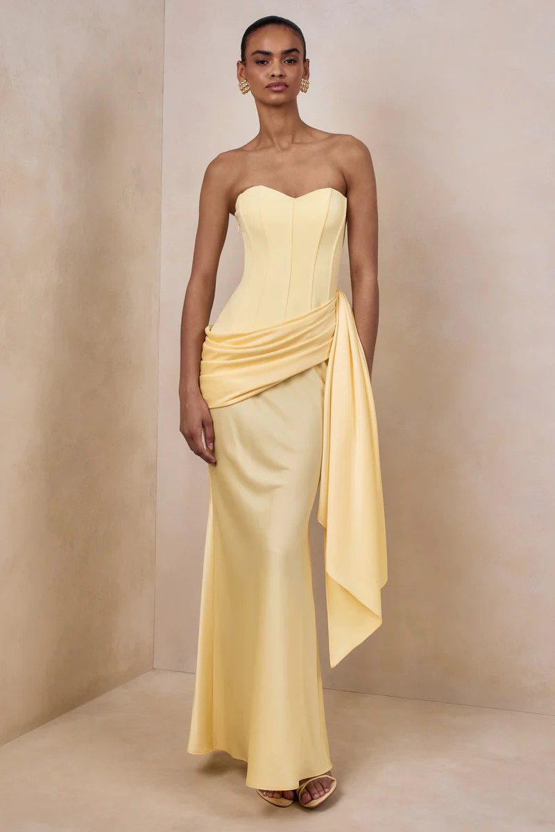 Oakley  Lemon Satin Bandeau Maxi Dress With Draped Skirt | Club L London