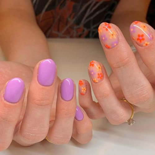 Purple Press on Nails Short Oval Fake Nails Cute Flower False Nails Press ons with Colorful Floral Design, Full Cover Glossy Acrylic Spring Glue on Nails for Women Manicure 24Pcs | Amazon (US)