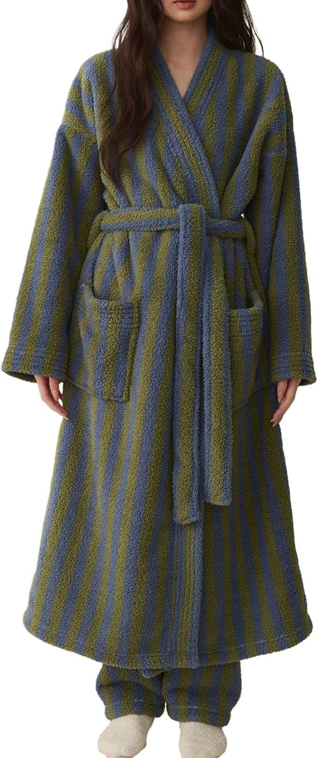 Womens Striped Fluffy Robe Long Plush Fuzzy Warm Bathrobes | Amazon (US)